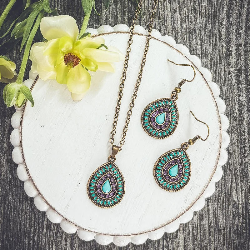 Bright beaded necklaces-Beautiful Boho Turquoise and Purple Necklace and Earring Set