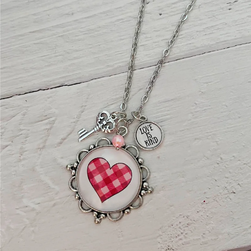 Stamped coin necklaces-Plaid Heart Necklace Love is Kind Charm