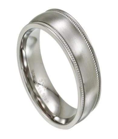 Clean band rings-Milgrained Men's Stainless Steel Wedding Ring, Round Edges | 8mm