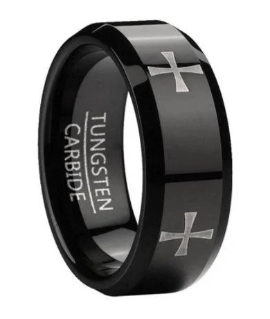 Detailed filigree rings-Men's Black Tungsten Ring with Lasered Cross Design | 8mm