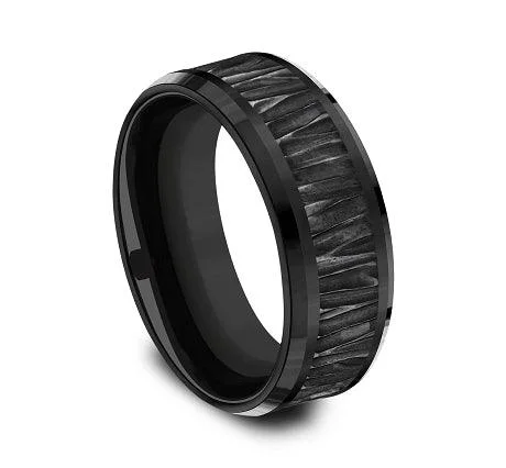 Charm eye rings-Black Titanium 8mm Comfort-fit Drop Beveled Edge Bark Pattern Design Ring