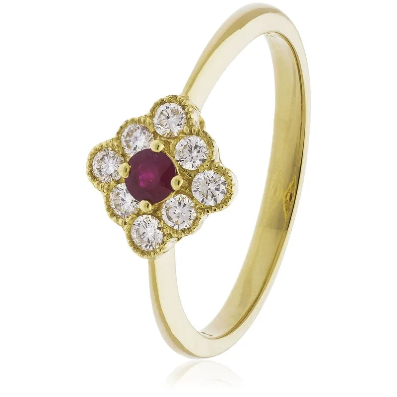 Wave style rings-18ct Yellow Gold Ruby and Diamond Deco Cluster Ring