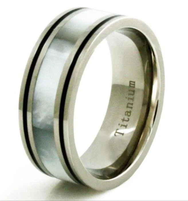 Box band rings-Titanium White Shell Inlay Black Borders Ring-9mm