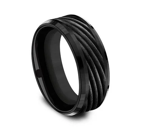 Single dot rings-Black Titanium 8mm Comfort-fit Drop Beveled Swirl Pattern Design Ring