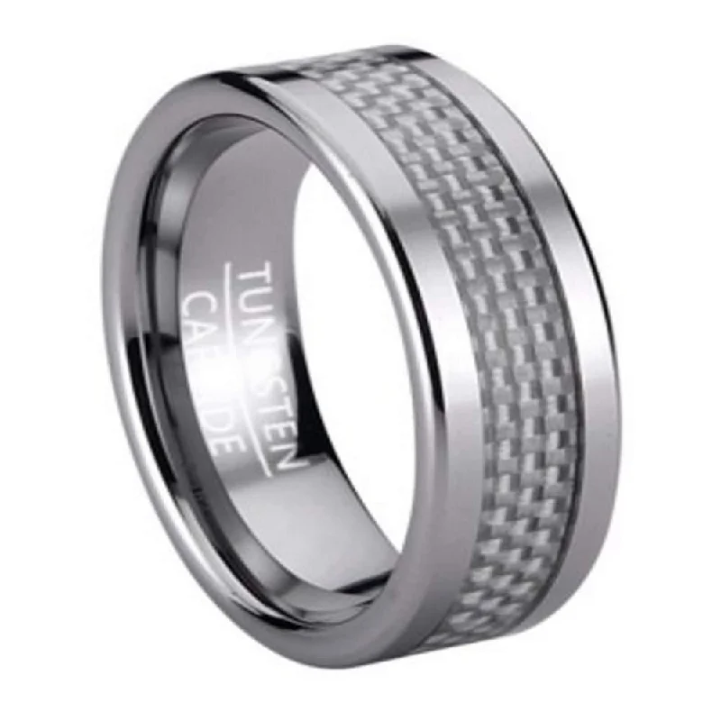 Owl feather rings-Tungsten Men's Fashion Ring with White Carbon Fiber Inlay | 8mm