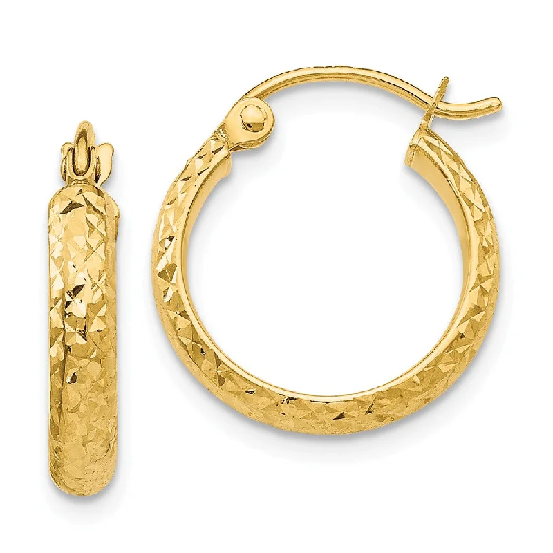 Leaf hoop earrings-2.8mm, 14k Yellow Gold Diamond-cut Hoops, 15mm (9/16 Inch)