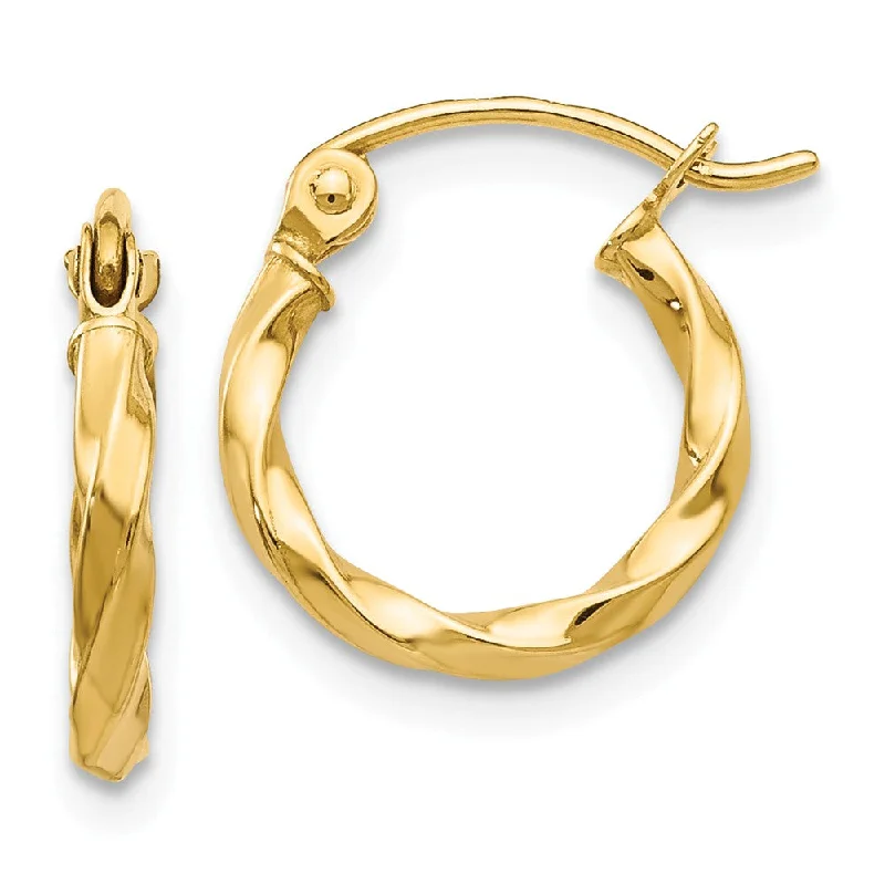 Soft shape earrings-2mm, Twisted 14k Yellow Gold Round Hoop Earrings, 13mm (1/2 Inch)