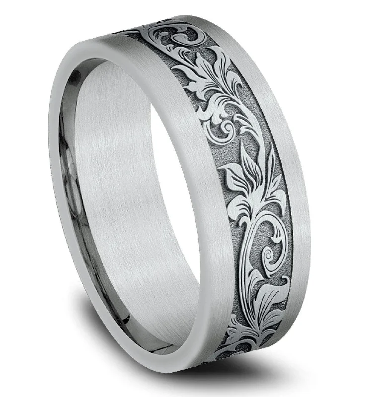 Embroidered rings-14K White Gold Men's 8mm Script Pattern, Satin Straight Edge Ring