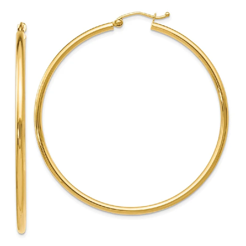 Airy hoop earrings-2mm Round Hoop Earrings in 14k Yellow Gold, 51mm (2 Inch)