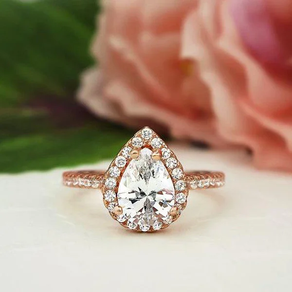 Clean band rings-1.5 ctw Pear Halo Ring - 10k Solid Rose Gold, Sz 5-6