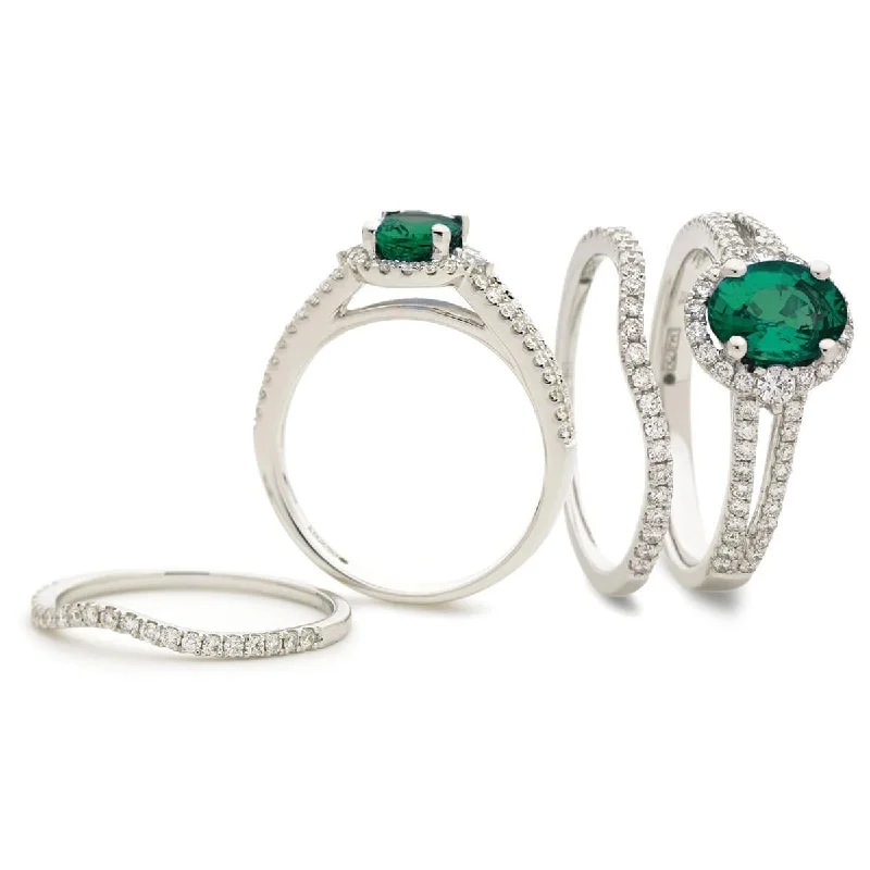 Glossy velvet rings-Oval Emerald Diamond Halo Ring with Split Shank