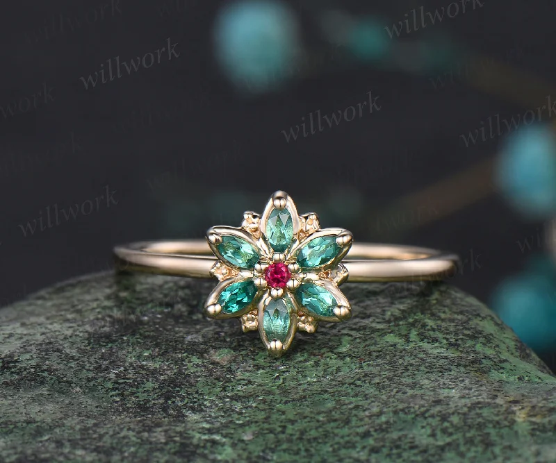 Burnished bronze rings-Unique Flower Floral Nature Inspired Wedding Ring Ruby Emerald Halo Leaf Anniversary Ring 14k Yellow Gold Seven Stone Bridal Jewelry Gift