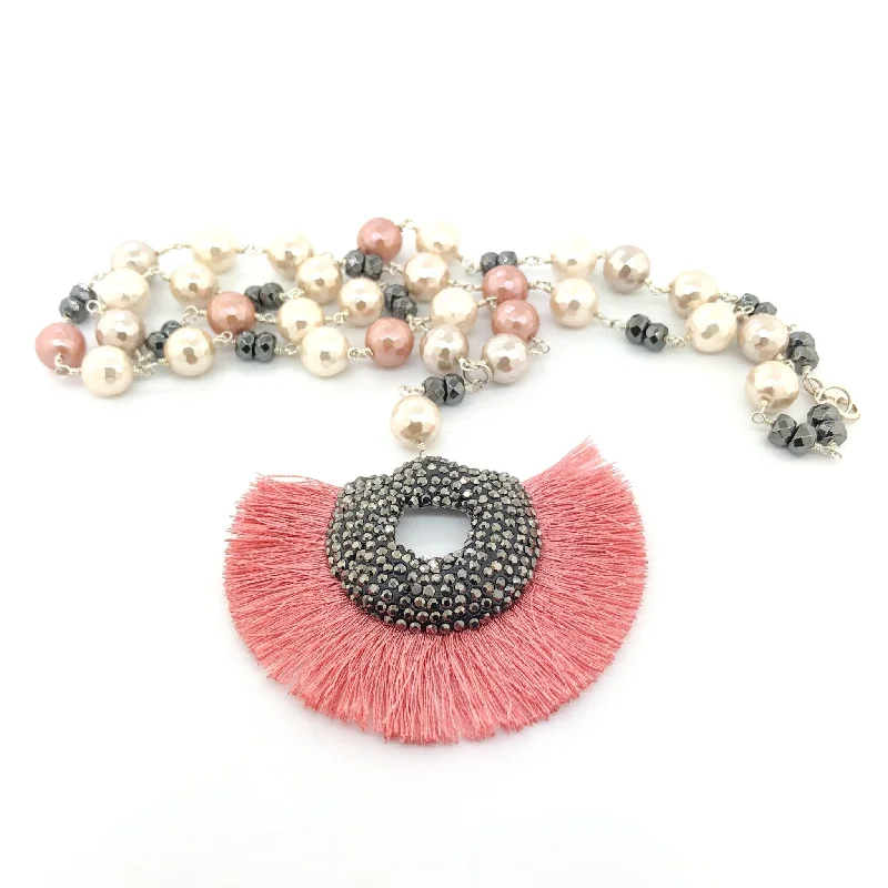 Fine cord necklaces-Sterling Silver Pink Pearl Tassel Necklace