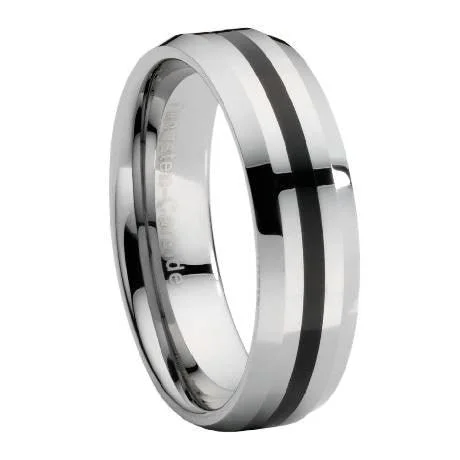 Sleek clasp rings-Beveled Edge Tungsten Ring with Black Enamel Stripe -8mm