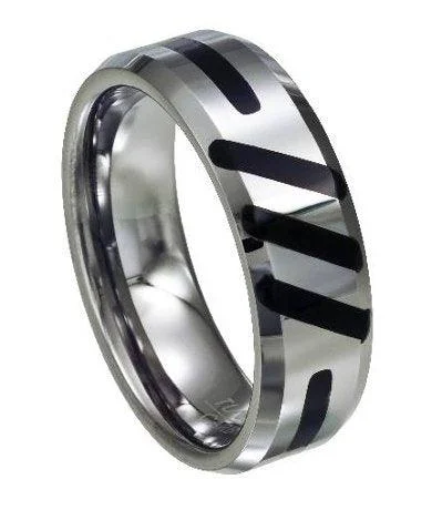 Glowing star rings-Tungsten Ring With Black Enamel Abstract Slashes-8mm