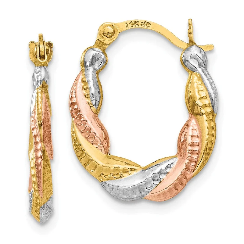 Slim hoop earrings-Tri-Color Twisted Hoops in 14k Yellow Gold with White and Rose Rhodium