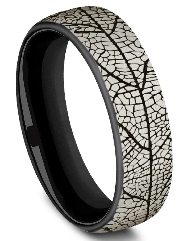 Amber inlay rings-Benchmark 6.5mm Black Titanium Leaf Design Men's Ring