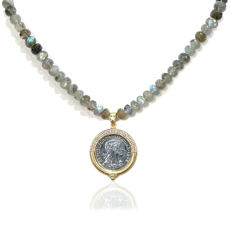 Tourmaline necklaces-LABRADORITE RONDELLE GOLD ESCUDO NECKLACE