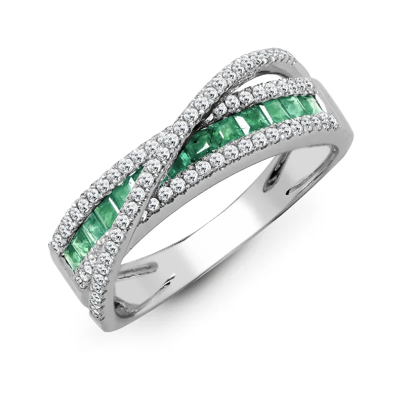 Leaf carved rings-18ct White Dia-0.36ct Emerald-0.53ct Crossover Ring