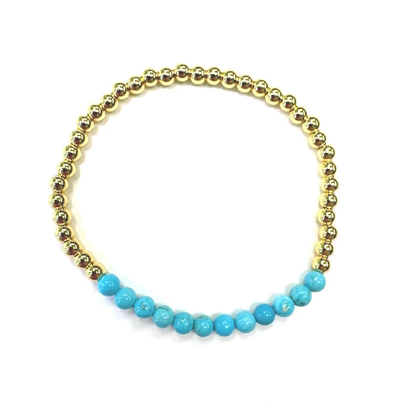 Thick stone bangles-Gold Filled Stretch Ball Bracelet With Turquoise Row