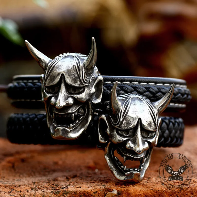 Knotted edge bangles-Hannya Oni Stainless Steel Leather Bracelet