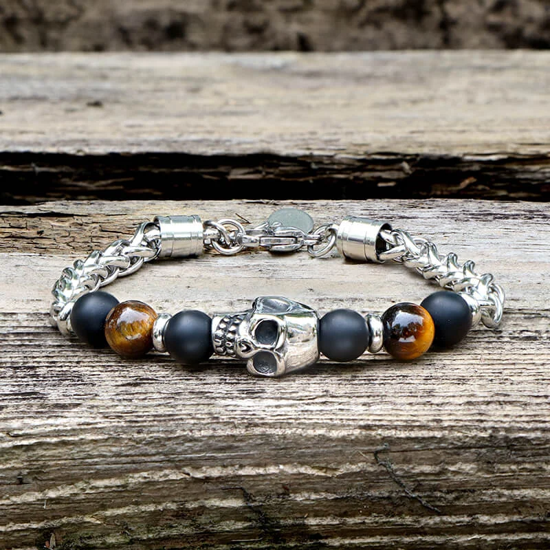 Charm eye bangles-Vintage Skull Tiger Eye Stainless Steel Bracelet