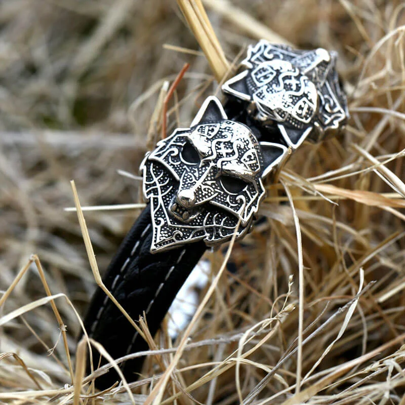 Single dot bangles-Nordic Wolf Stainless Steel Leather Viking Bracelet