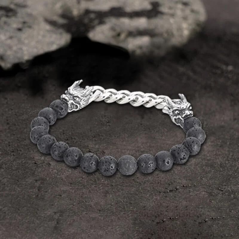 Tidal bead bangles-Dragon Head Volcanic Stone Stainless Steel Bead Bracelet