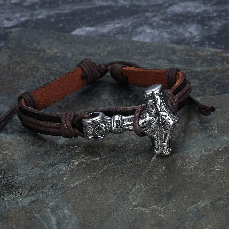 Stamped word bracelets-Thor’s Hammer Stainless Steel Leather Viking Bracelet