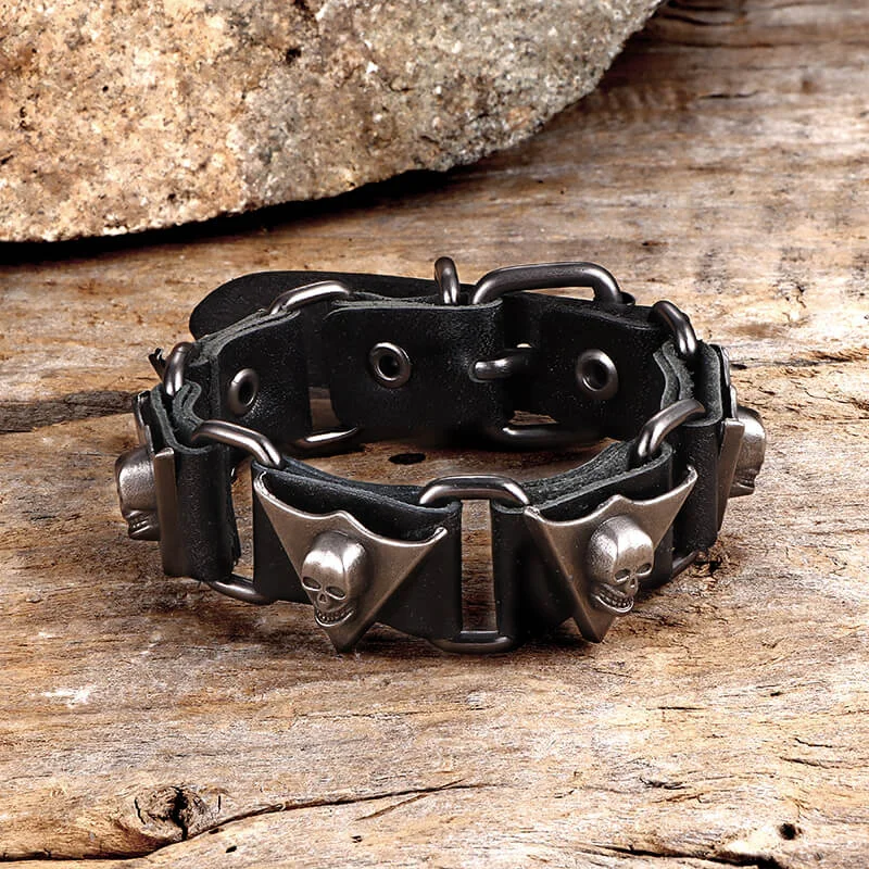 Vintage flair bracelets-Punk Skull Head PU Leather Adjustable Bracelet