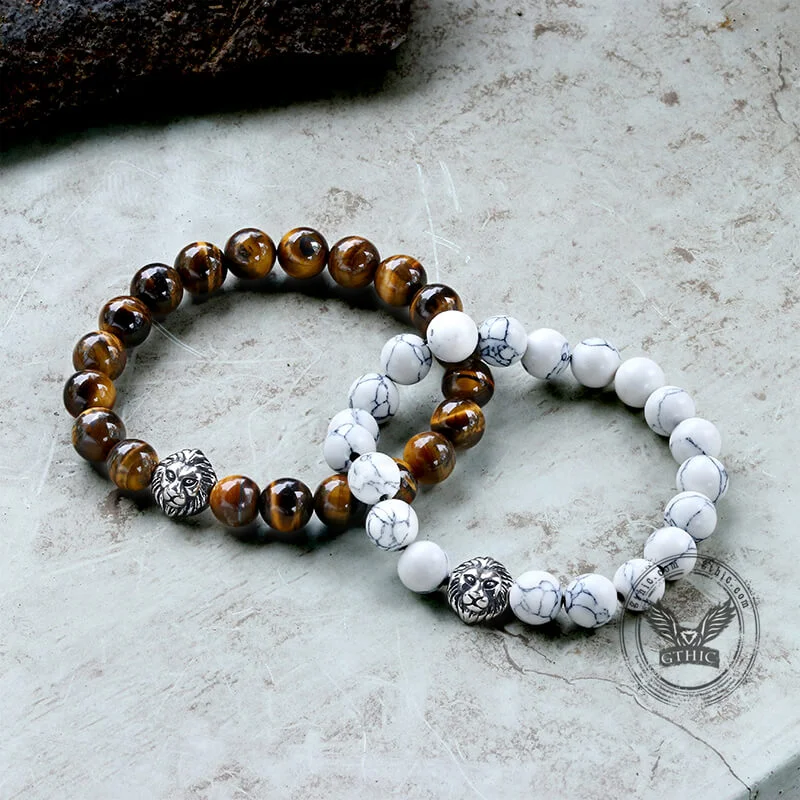 Heritage cameo bracelets-Lion Head Agate Stone Stainless Steel Bead Bracelet