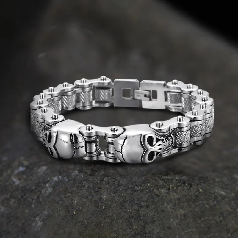 Morganite bangles-Two Skulls Stainless Steel Biker Bracelet