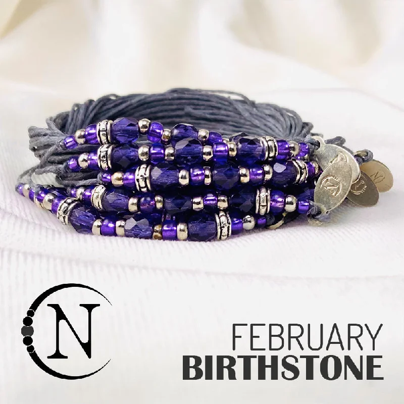 Brushed silver bangles-February Amethyst NTIO Birthstone Bracelet