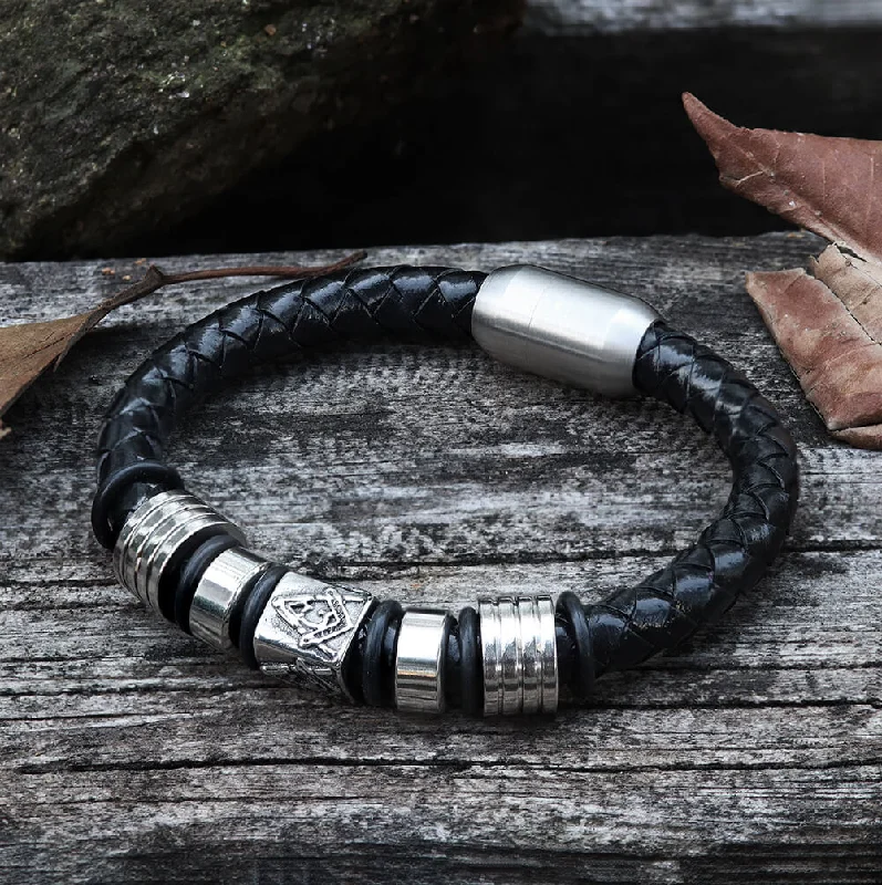 Wave theme bracelets-AG Woven Stainless Steel Leather Masonic Bracelet