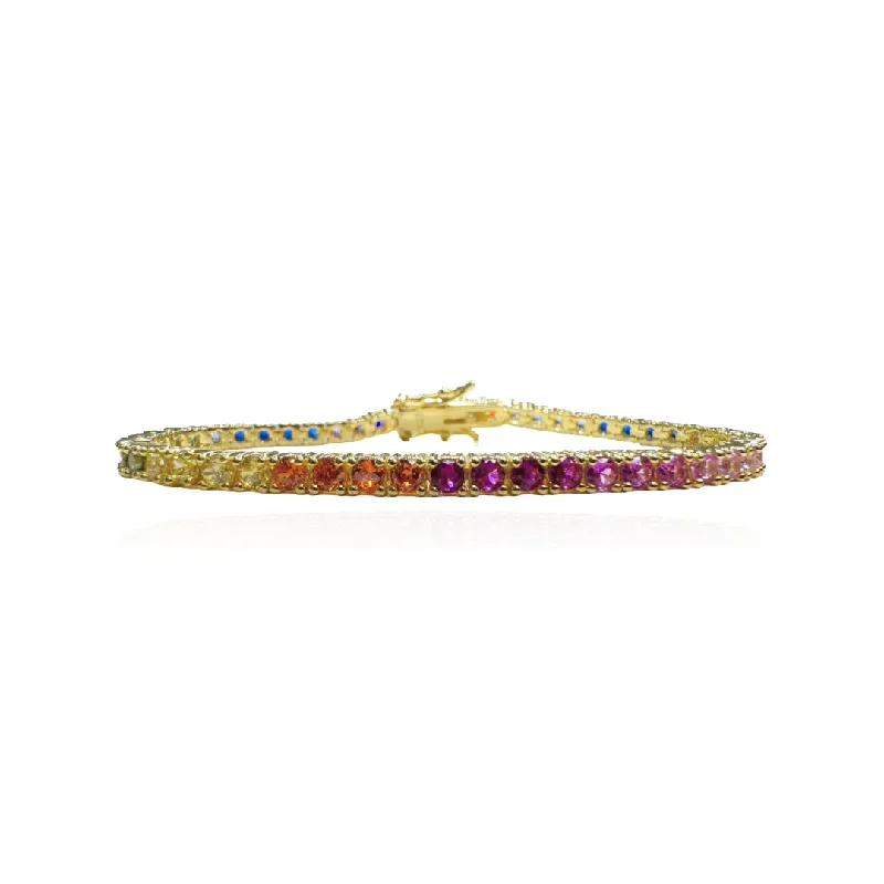 Bead ridge bangles-Gold Plated Teen Sized Rainbow CZ Multicolor Tennis Bracelet