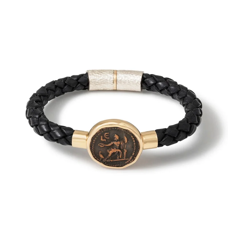 Box clasp bracelets-Men's Ancient, Authentic Zeus Coin Leather Bracelet