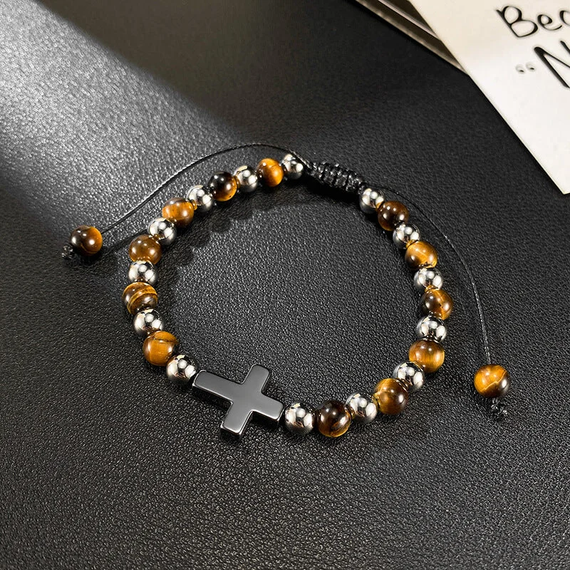 Grand stone bracelets-Cross Natural Tiger's-eye Beads Hematite Stainless Steel Bracelet