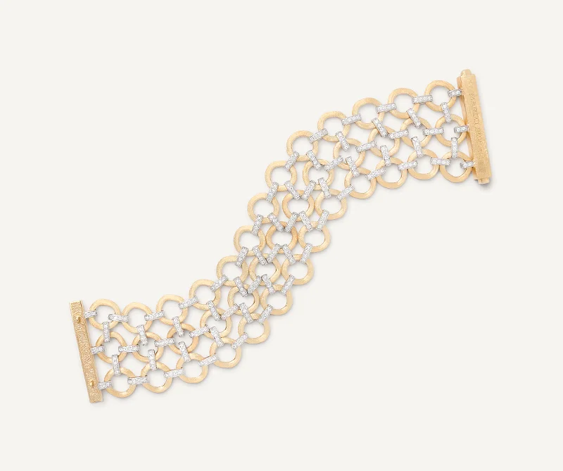 Stone strand bracelets-18K Yellow Gold Flat Link 3-Strand Bracelet With Diamonds