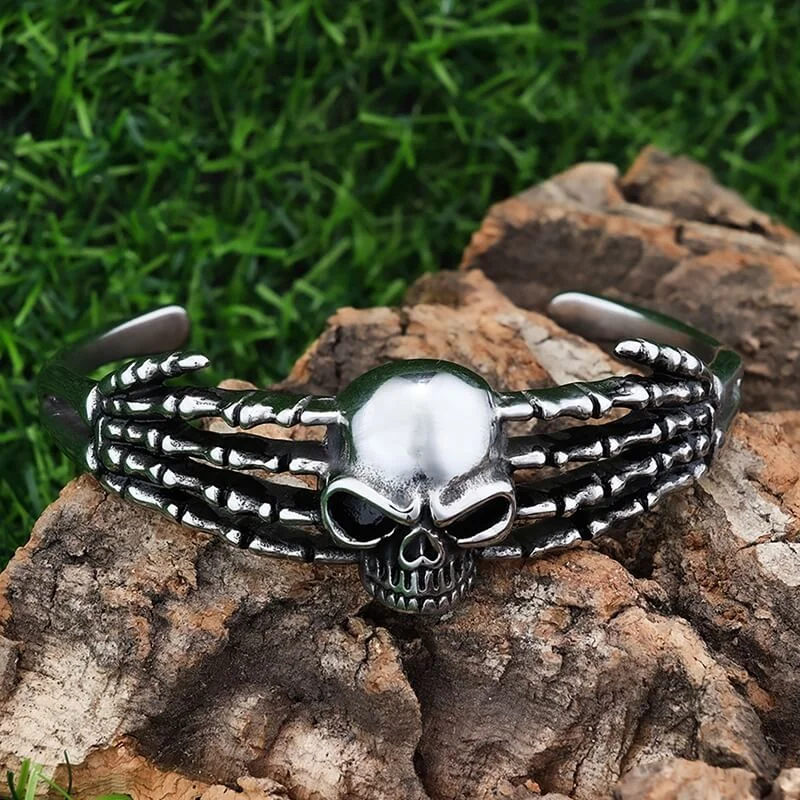 Clear quartz bangles-Punk Skeleton Hand Skull Head Stainless Steel Open Bracelet