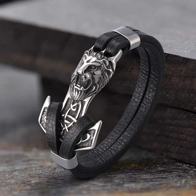 Dual-metal bracelets-Lion Head Anchor Stainless Steel Leather Bracelet