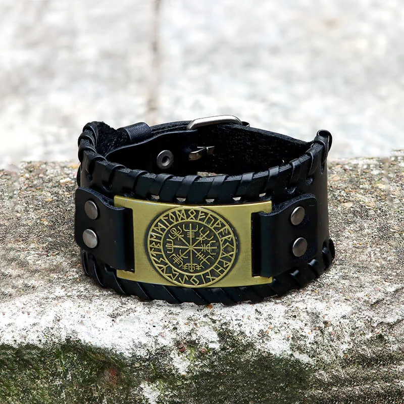 Full moon bangles-Vegvisir Runes Wristband Leather Viking Bracelet