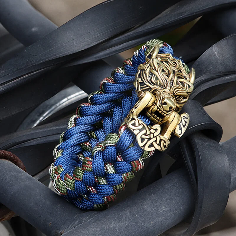 Elastic cord bracelets-Celtic Wolf Brass Paracord Bracelet