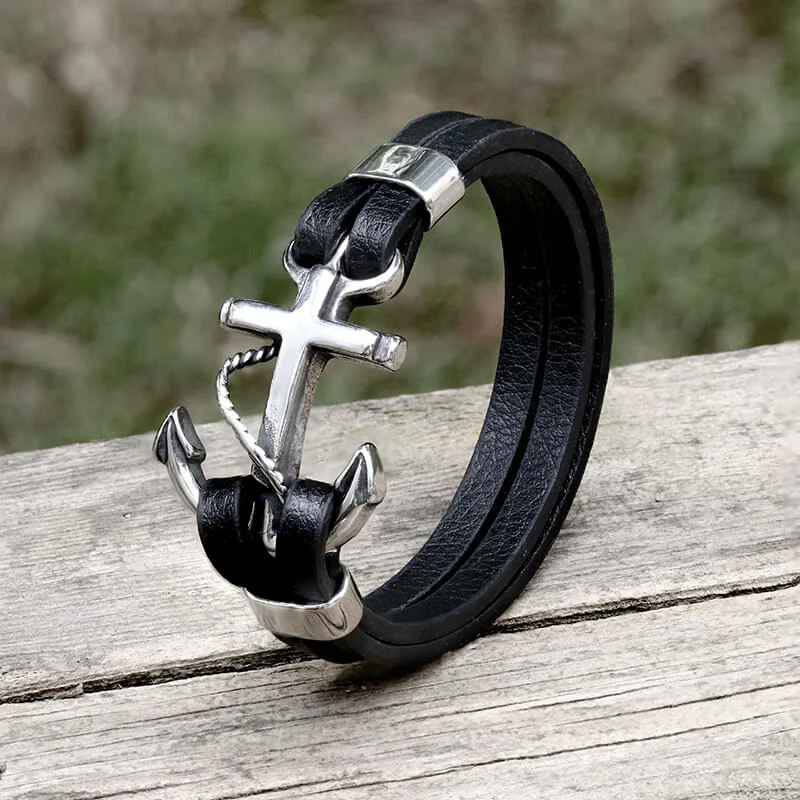 Square design bangles-Black Leather Anchor Stainless Steel Marine Bracelet