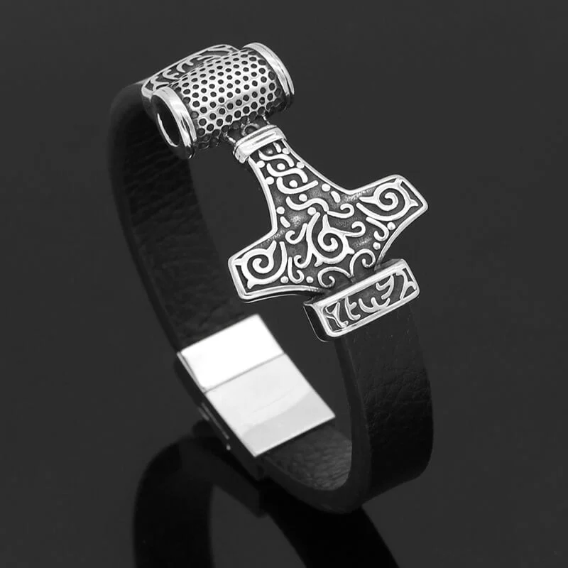 Heritage lock bracelets-Thor’s Hammer Viking Totem Stainless Steel Leather Bracelet