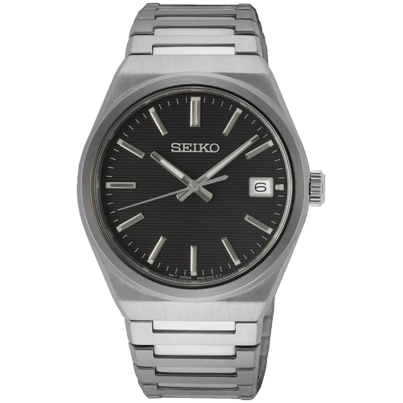 Knotted edge bangles-Seiko Men's Watch - Quartz Black Dial Silver Steel Bracelet Date Display | SUR557P1