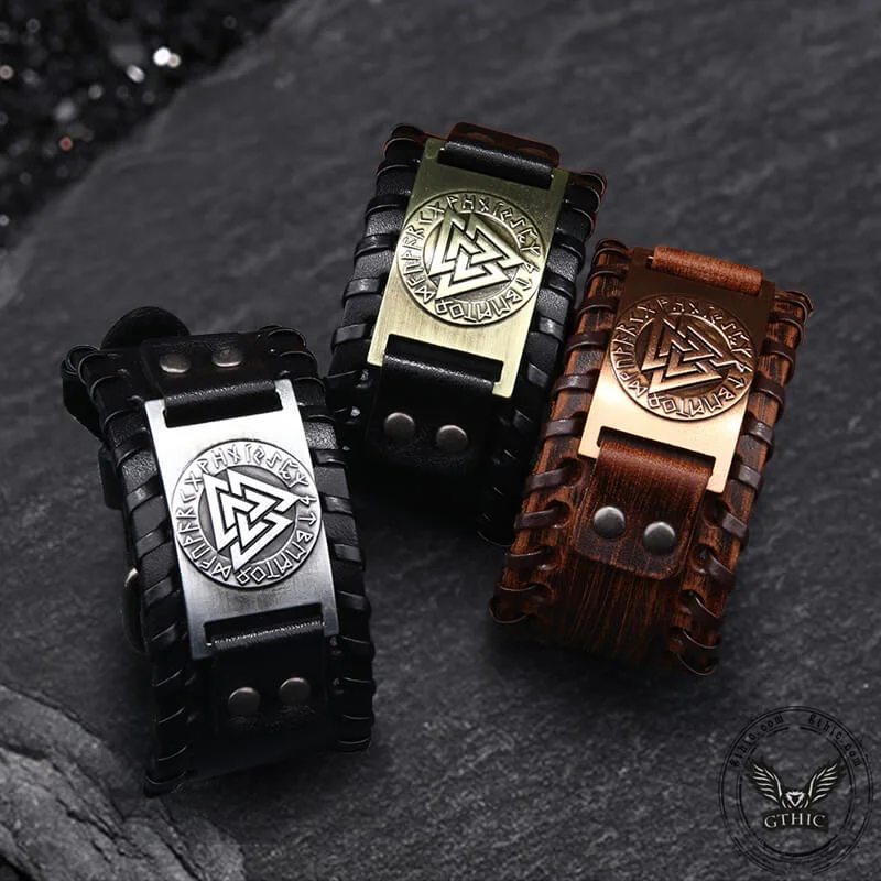 Morganite bangles-Runes Valknut Wristband Alloy Leather Viking Bracelet