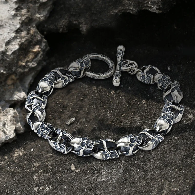 Coiled wire bangles-Skull Sterling Silver Punk Bracelet