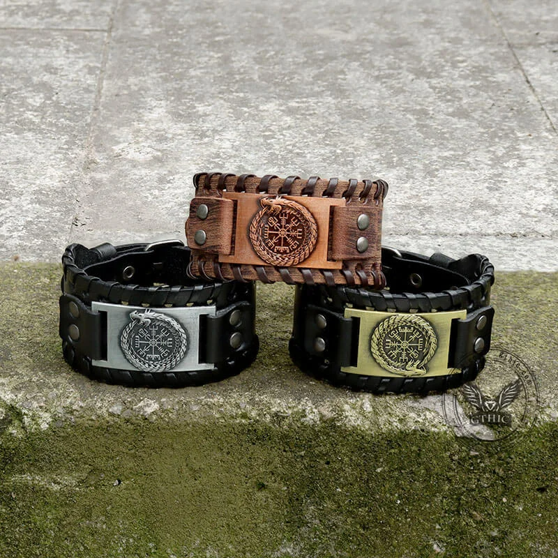 Gem stack bracelets-Ouroboros Vegvisir Wristband Leather Bracelet