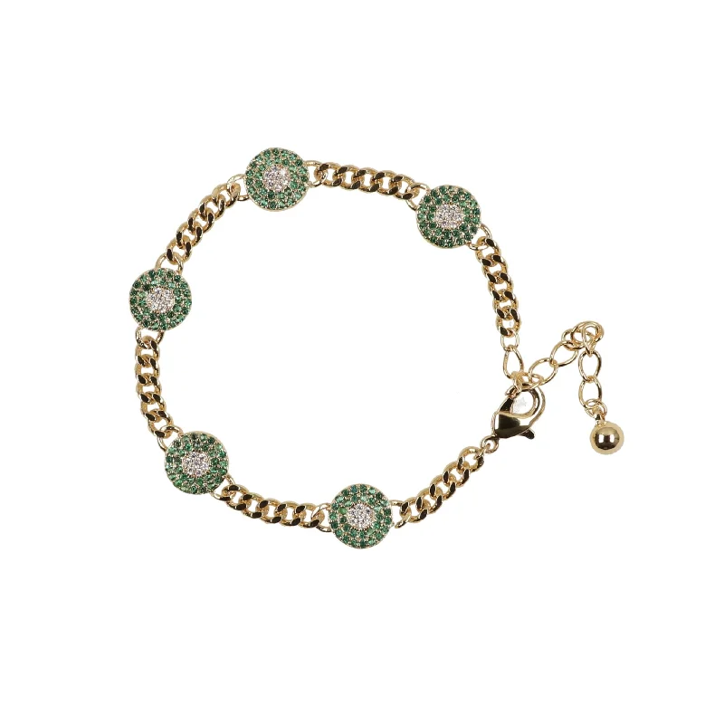 Cultured pearl bracelets-Gold Plated Cuban Link Bracelet with 5 Round CZ Stone Tablets