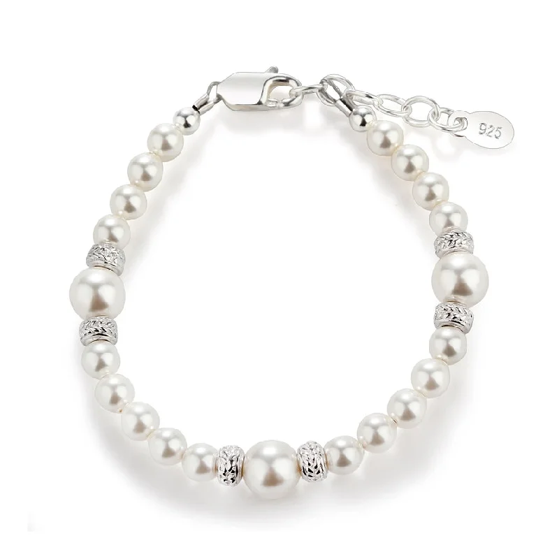 Fluid form bracelets-Pearl Baby Bracelet with 3 Larger Pearls and CZ Rondels